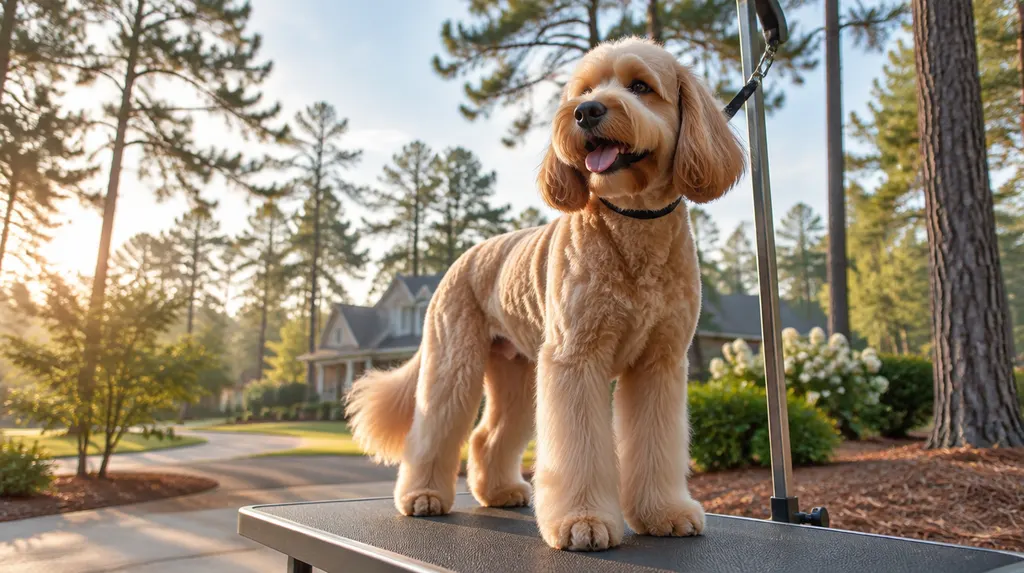 A freshly groomed dog on a grooming table in Sumter, SC