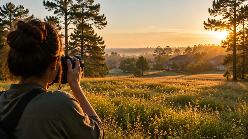 A photographer holding a camera at a golden-hour field in Sumter, SC