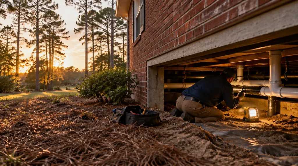 A plumber checking pipes in a crawl space with a work light in Sumter, SC