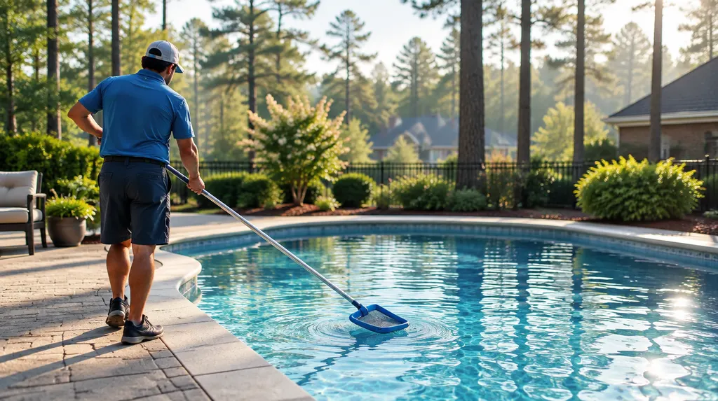 A pool technician skimming a sparkling backyard pool in Sumter, SC