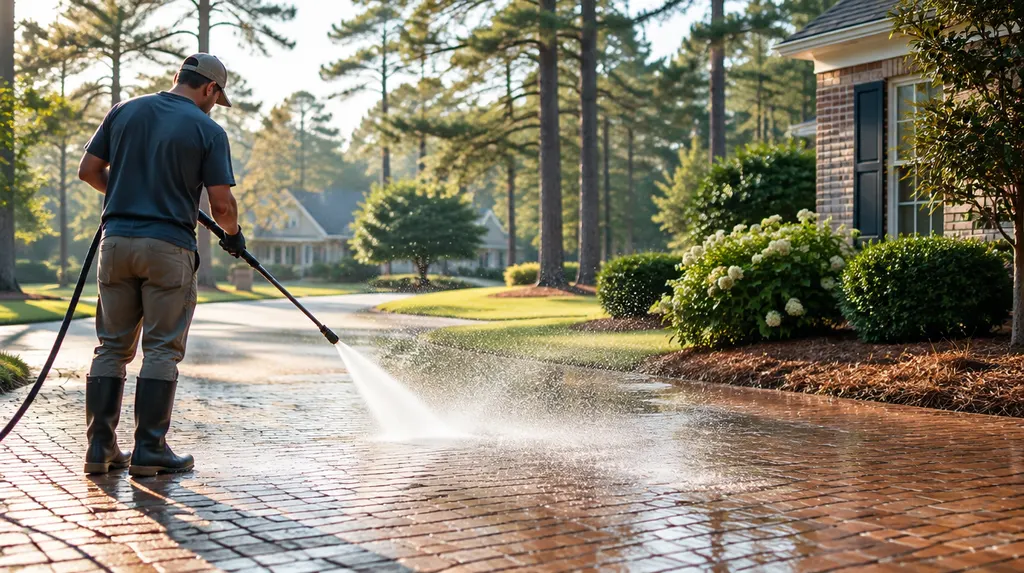 Pressure washing a brick driveway with sparkling spray in Sumter, SC