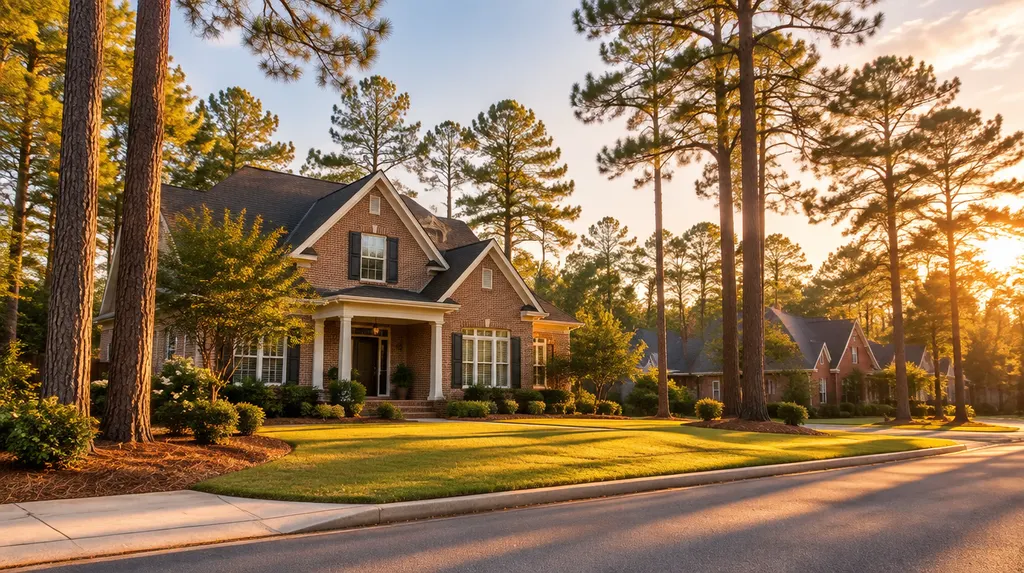 A for-sale home exterior on a sunny street with no sign text in Sumter, SC