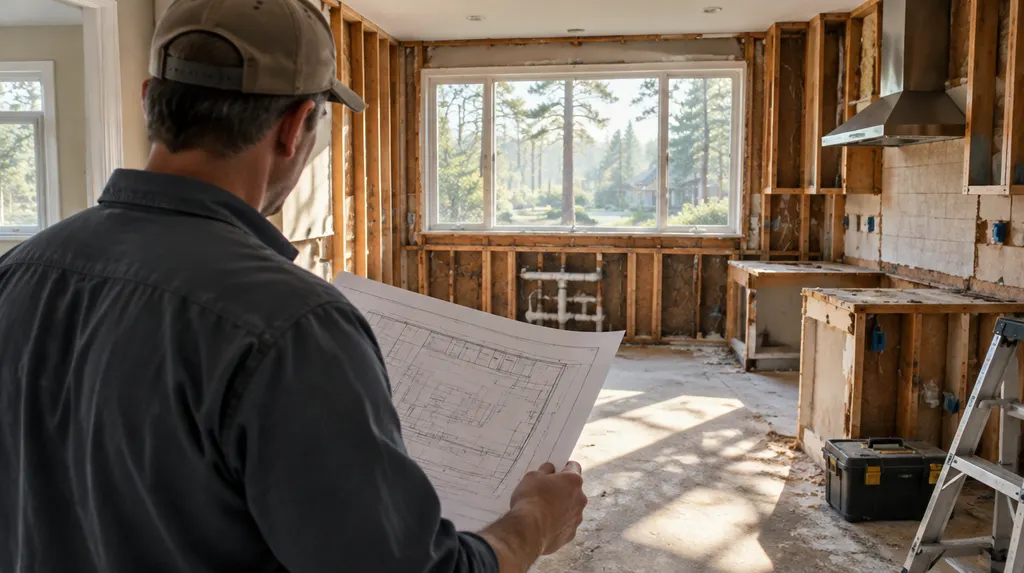 A contractor reviewing plans in a gutted kitchen in Sumter, SC