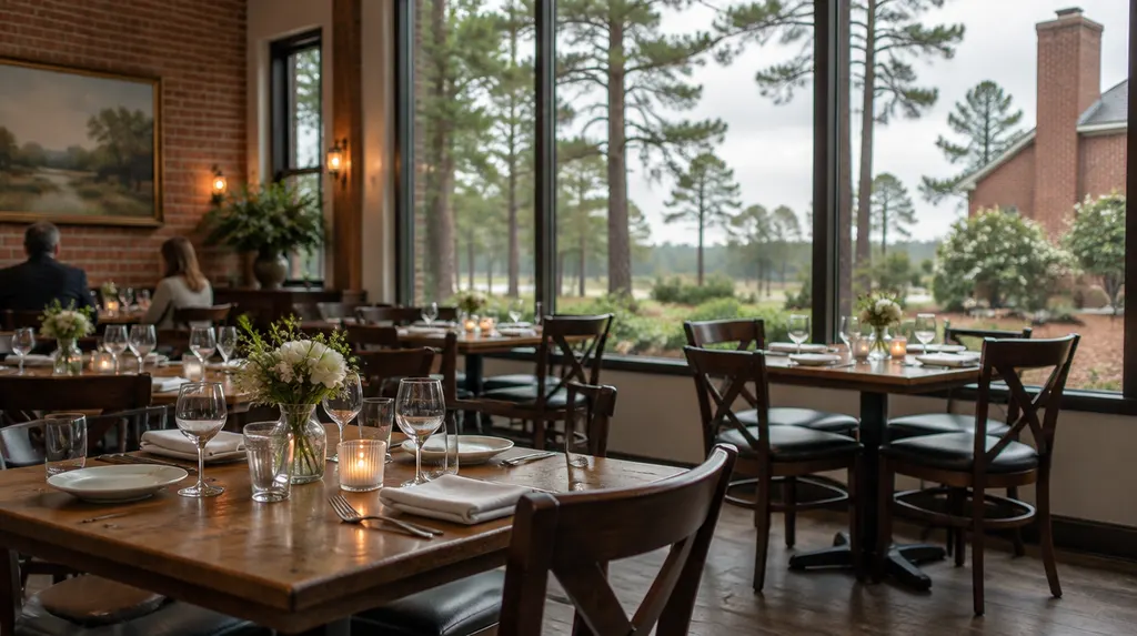 A cozy restaurant dining room with set tables in Sumter, SC