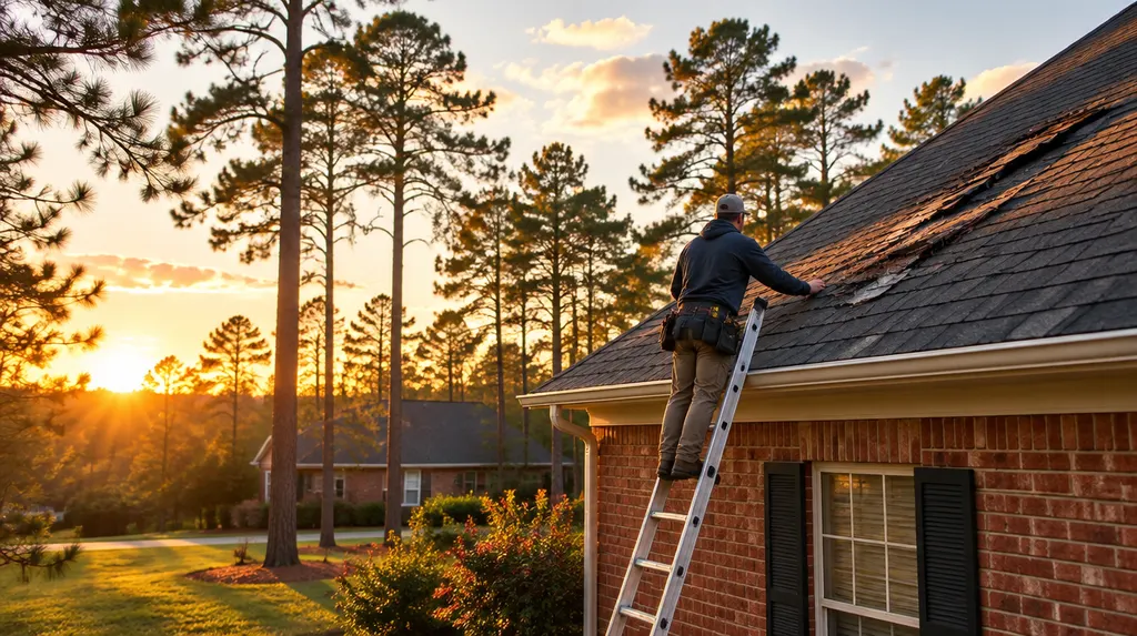 A roofer inspecting storm-damaged shingles from a ladder in Sumter, SC