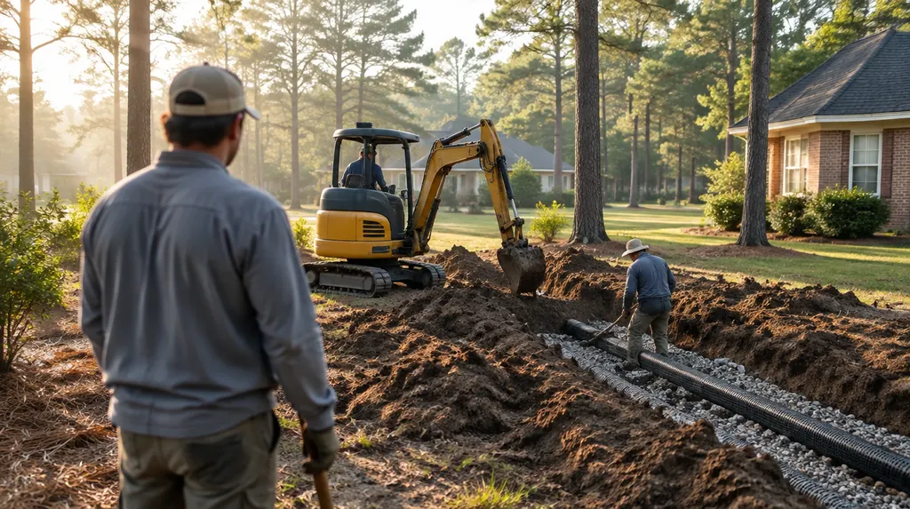 A crew repairing a drain field with a small excavator in Sumter, SC
