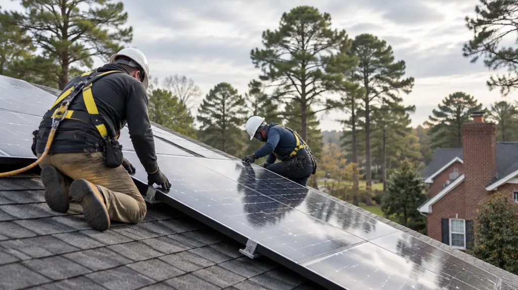Installers mounting solar panels on a sunny roof in Sumter, SC