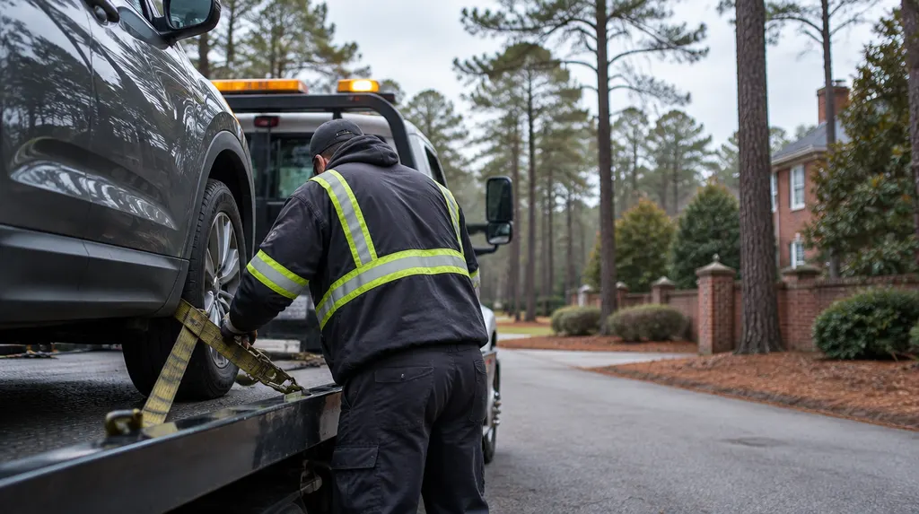 A tow truck driver securing a vehicle with straps in Sumter, SC