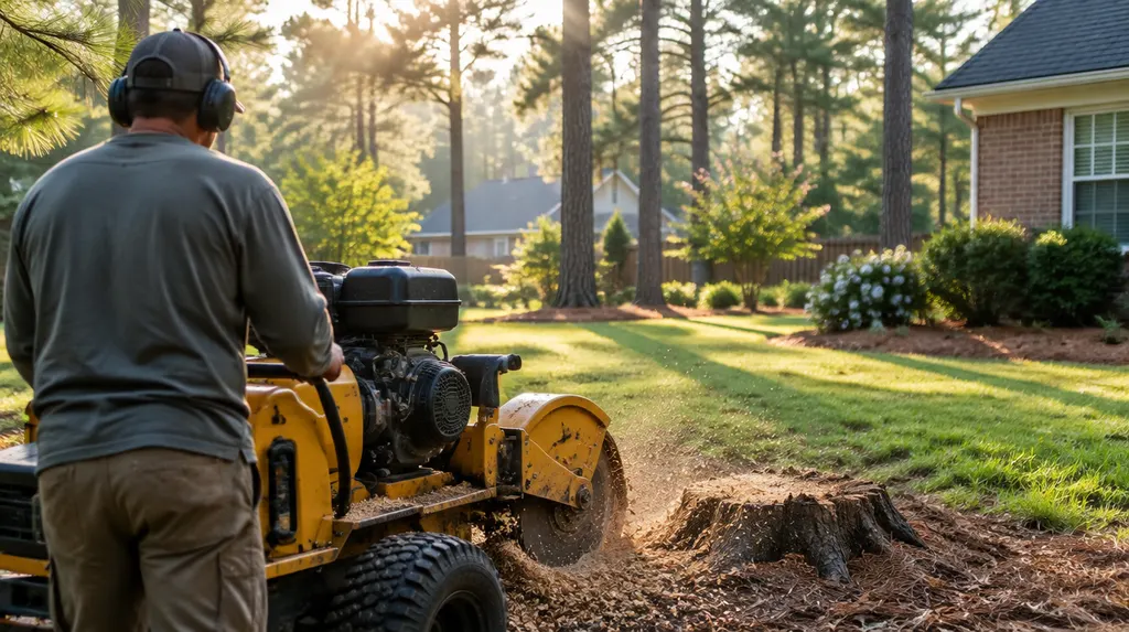 A stump grinder working in a sunny backyard in Sumter, SC