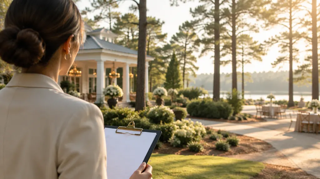 A planner holding a clipboard at an elegant venue in Sumter, SC