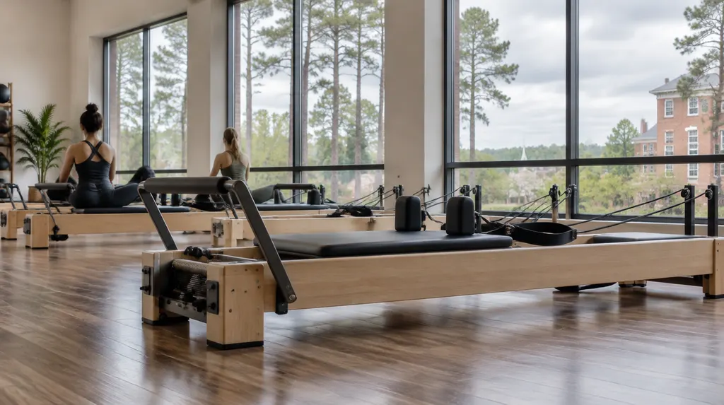 Pilates reformer machines in a bright studio in Sumter, SC
