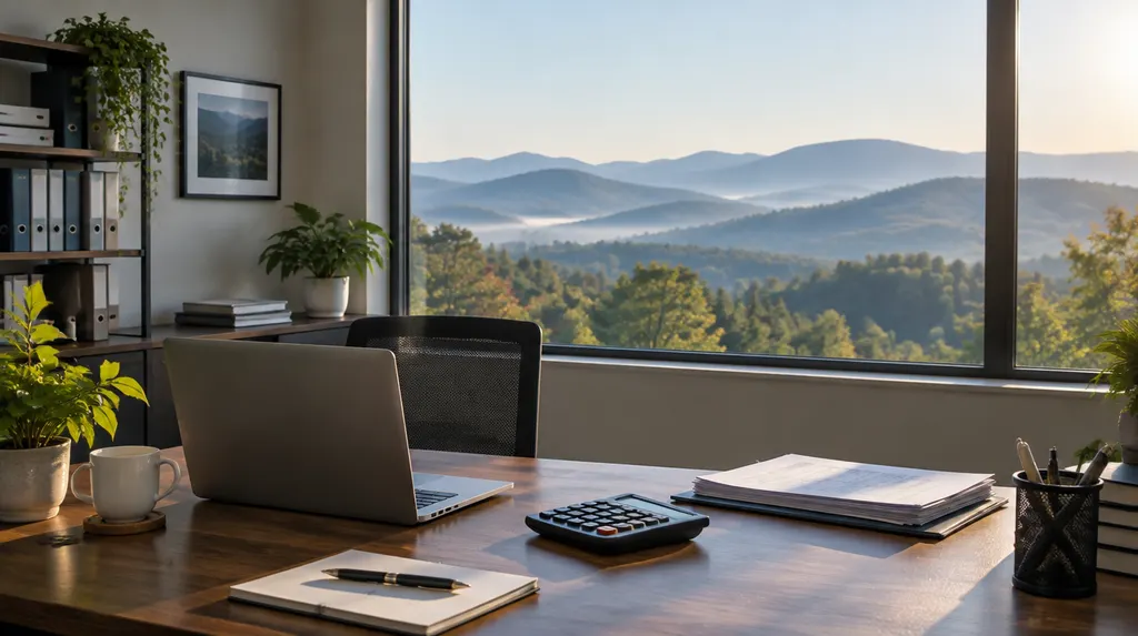 A tidy accounting office with a laptop and calculator in Taylors, SC