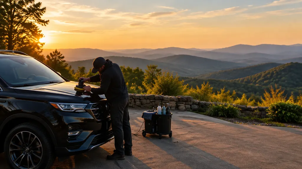 A detailer polishing the glossy hood of a dark SUV in Taylors, SC