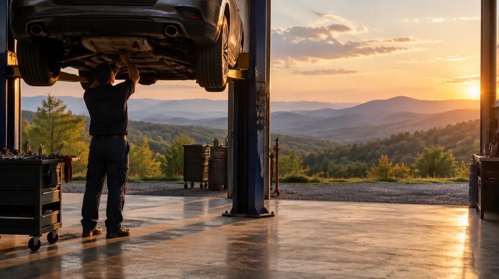 A mechanic working under a car on a lift in Taylors, SC