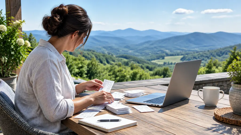 A bookkeeper organizing receipts and a laptop in Taylors, SC
