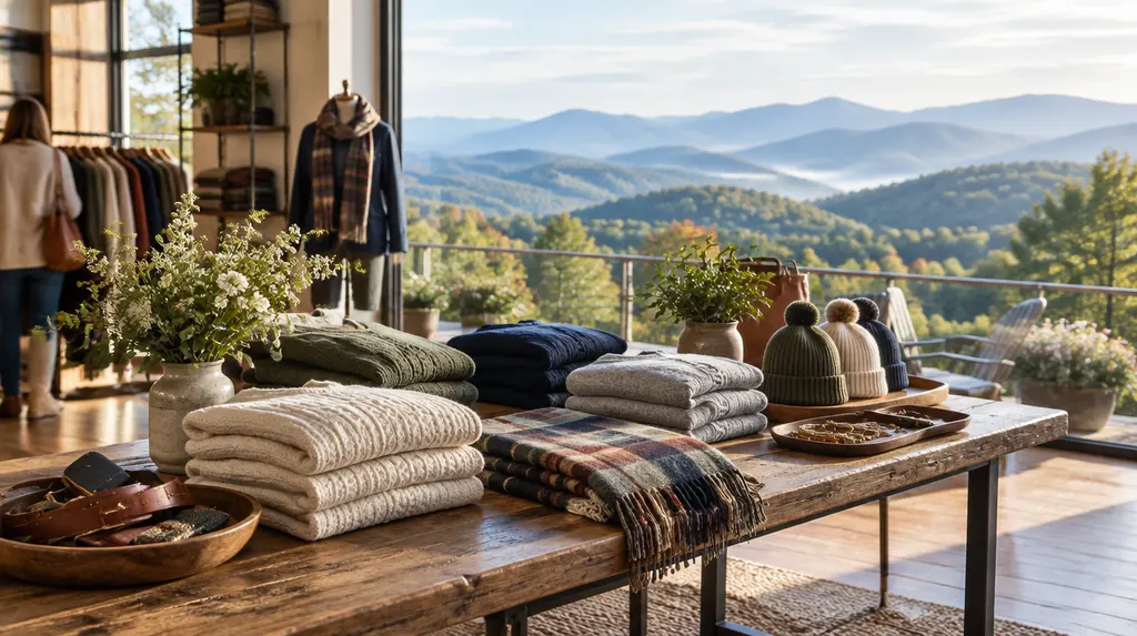 Folded sweaters and accessories on a boutique table in Taylors, SC