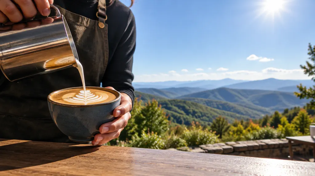 A barista pouring latte art in Taylors, SC