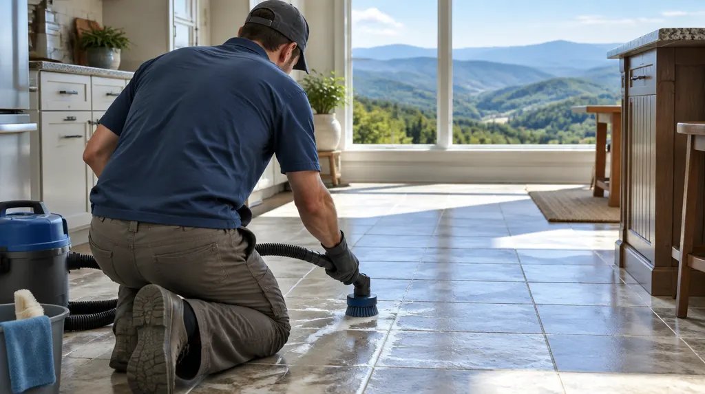A technician cleaning tile grout on a kitchen floor in Taylors, SC