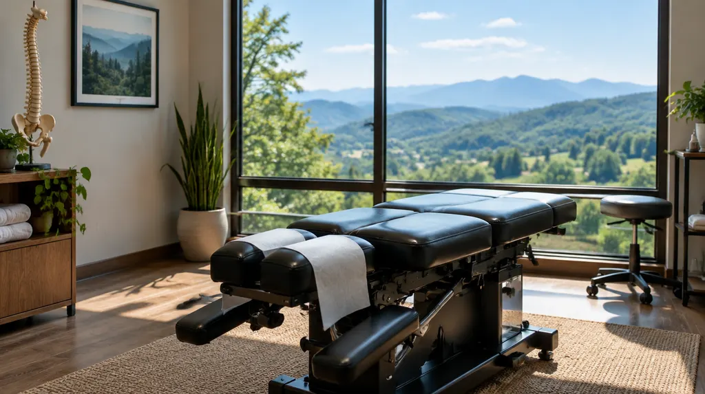 A chiropractic treatment room with an adjusting table in Taylors, SC