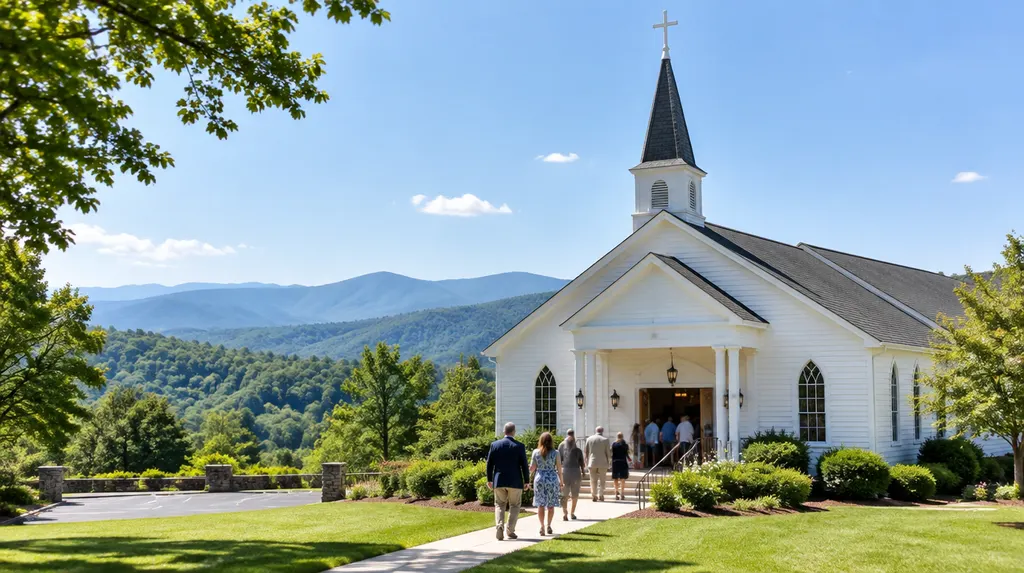 A welcoming white church on a sunny Sunday morning in Taylors, SC