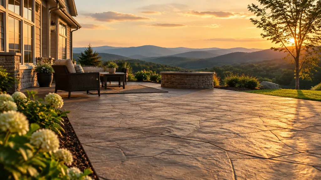 A finished stamped concrete patio beside a house in Taylors, SC