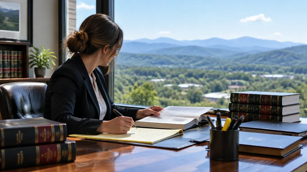 A defense attorney preparing at a desk with law books in Taylors, SC