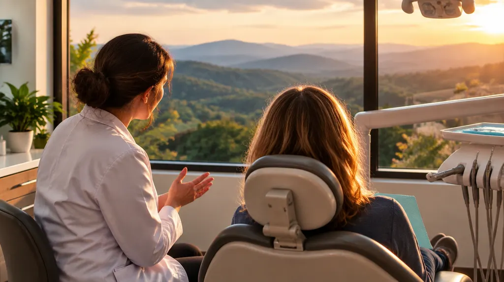 A dentist talking with a patient in a dental chair in Taylors, SC