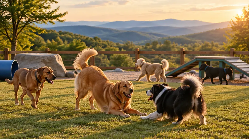 Dogs playing in a doggy daycare play area in Taylors, SC