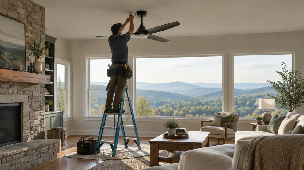 An electrician hanging a modern ceiling fan in a living room in Taylors, SC