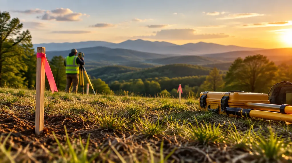 Survey stakes and equipment on a new lot in Taylors, SC