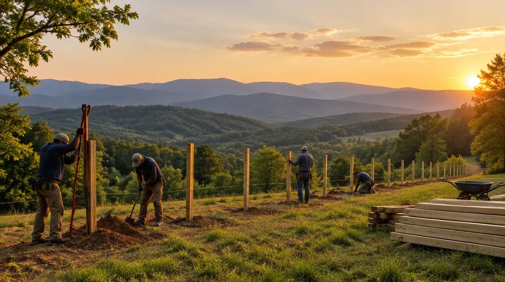 A crew setting posts for a new wood privacy fence in Taylors, SC