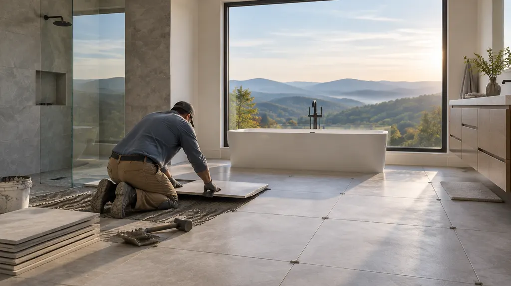 A tile setter placing large tiles in a bathroom in Taylors, SC
