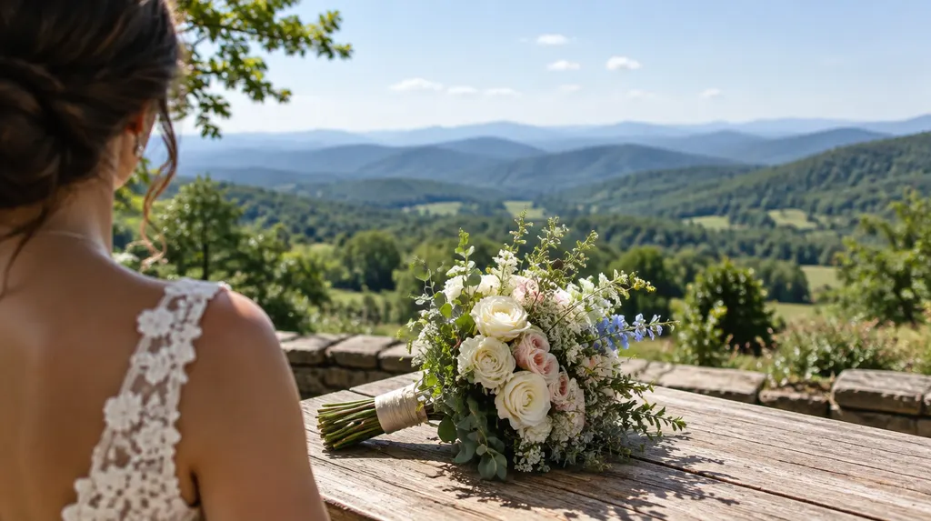 A bridal bouquet on a rustic table in Taylors, SC