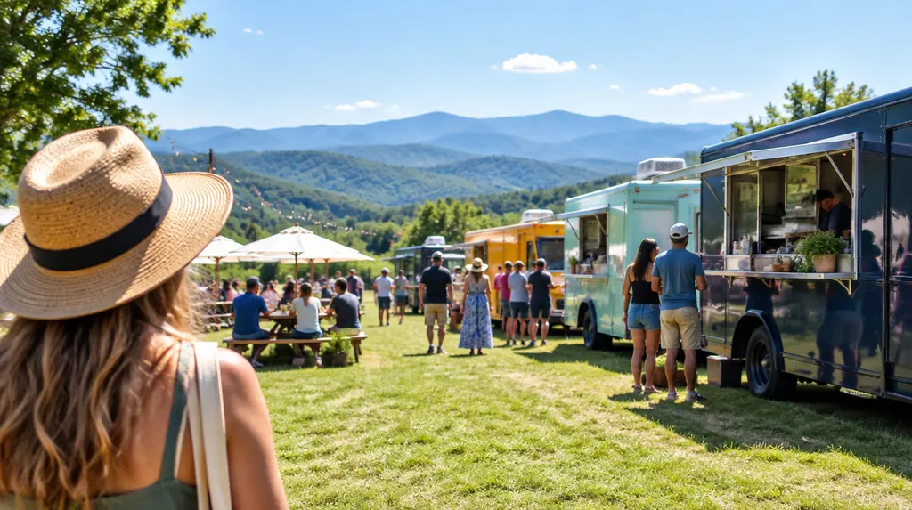 Food trucks parked at a sunny outdoor festival in Taylors, SC