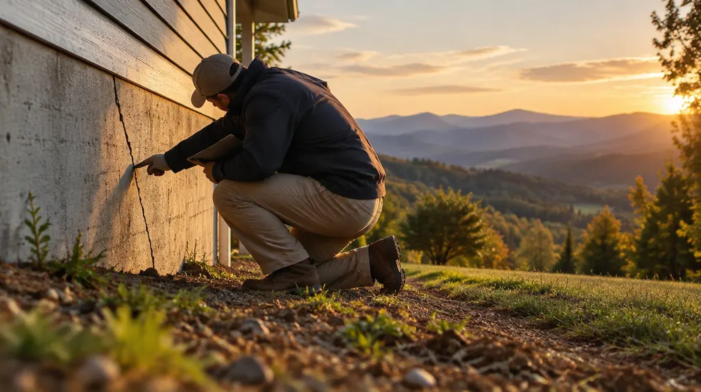 A specialist examining a crack in a foundation wall in Taylors, SC