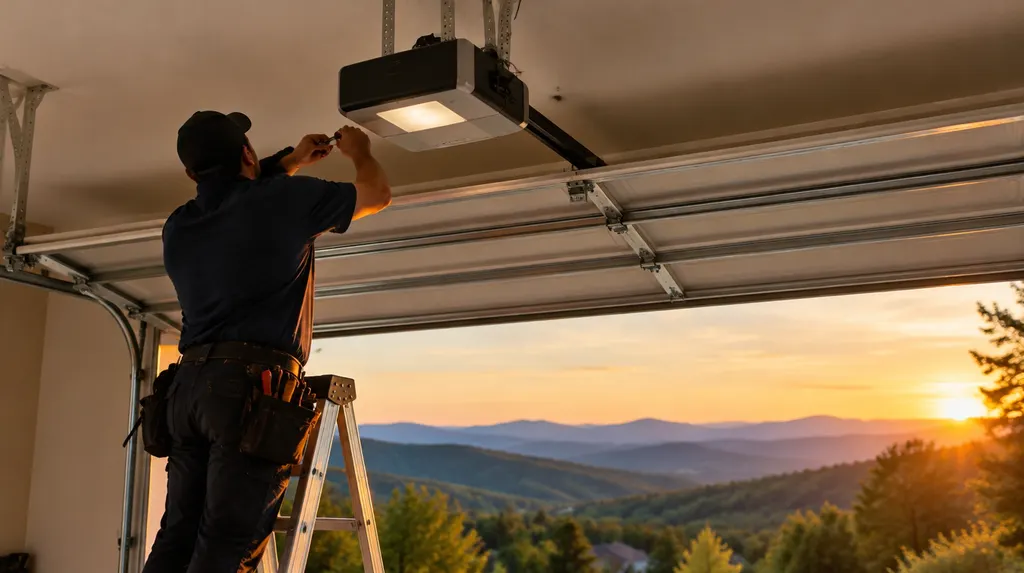 A technician adjusting a garage door opener on the ceiling in Taylors, SC