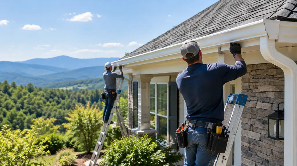 A crew installing seamless gutters on a house in Taylors, SC