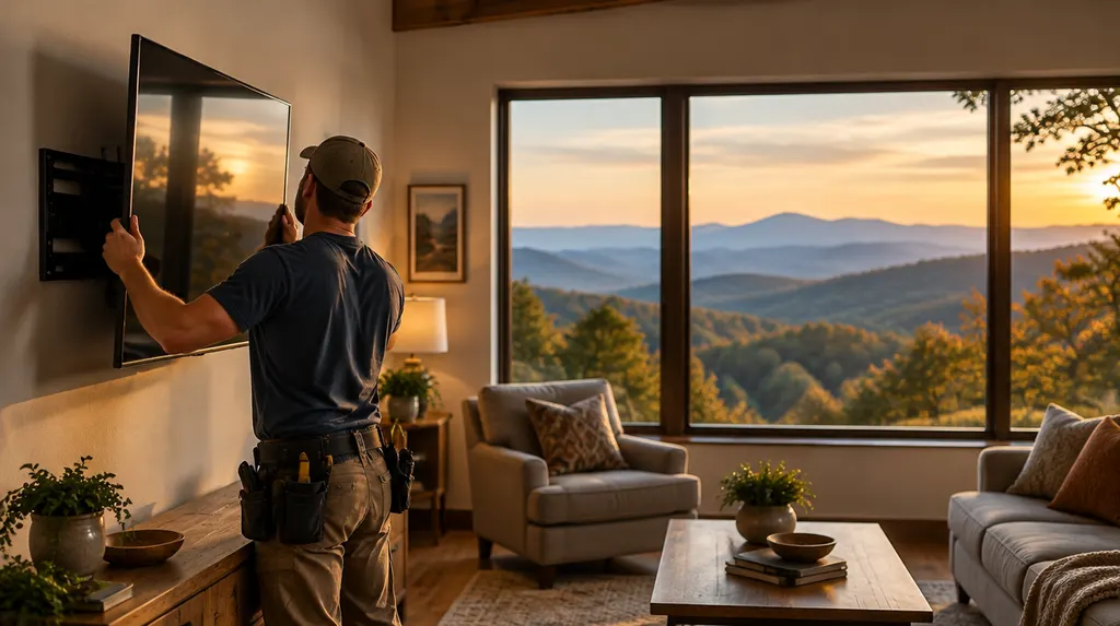 A handyman mounting a TV on a living room wall in Taylors, SC