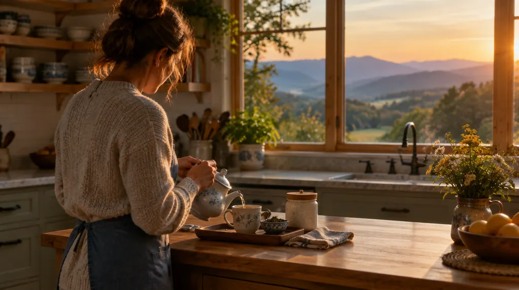 A caregiver preparing tea in a cozy kitchen in Taylors, SC