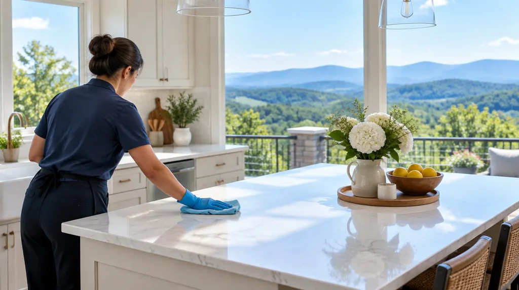 A house cleaner wiping a bright kitchen island in Taylors, SC