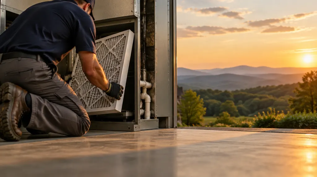 A technician replacing an air filter in an indoor air handler in Taylors, SC