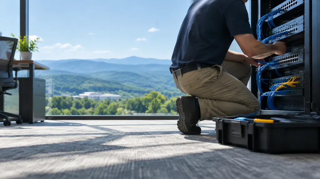 A technician setting up a network switch in an office in Taylors, SC