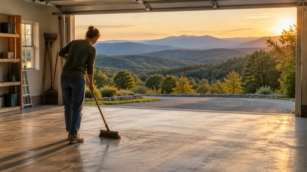 A cleared-out garage being swept in Taylors, SC
