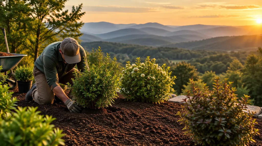 A landscaper planting shrubs in a fresh mulch bed in Taylors, SC