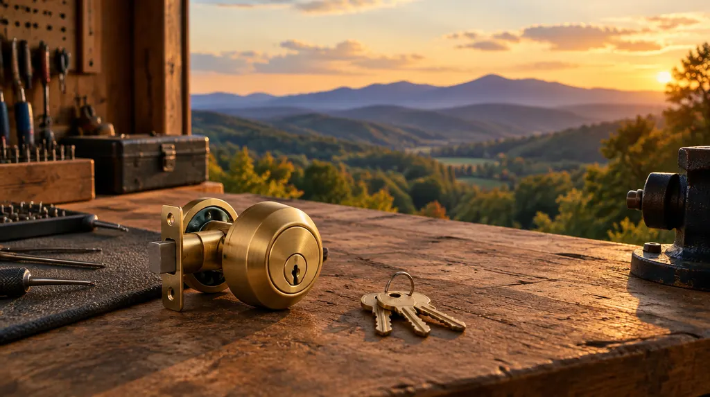 A new brass deadbolt lock and a set of keys on a locksmith’s workbench in Taylors, SC