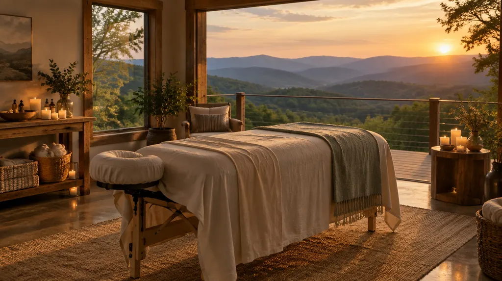 A calm massage room with a draped table and candles in Taylors, SC