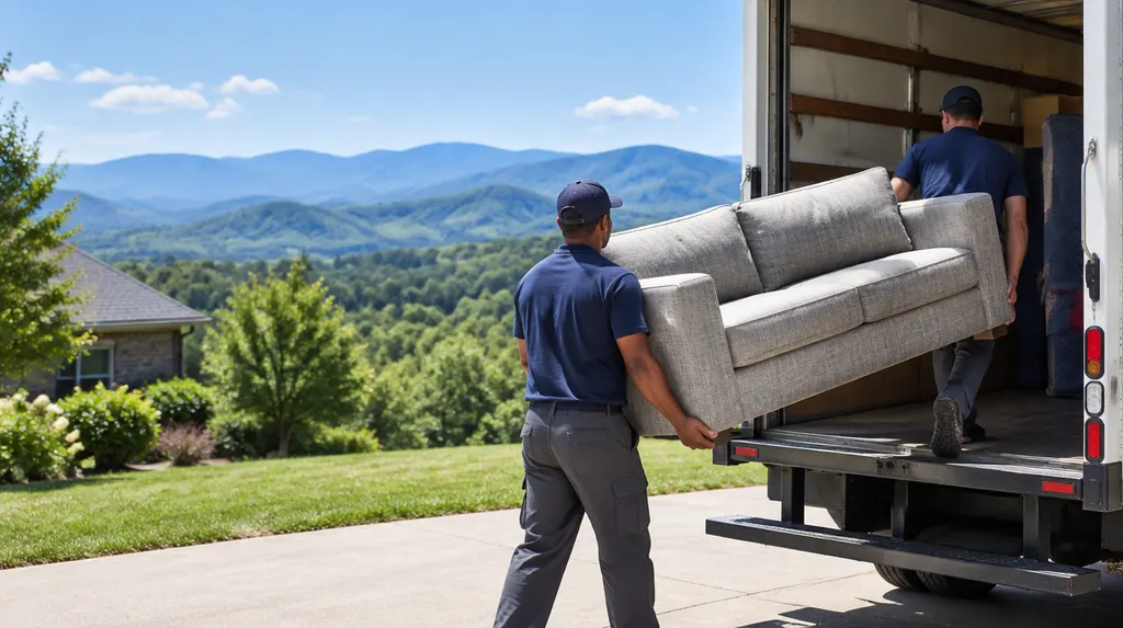 Movers carrying a sofa into a moving truck in Taylors, SC