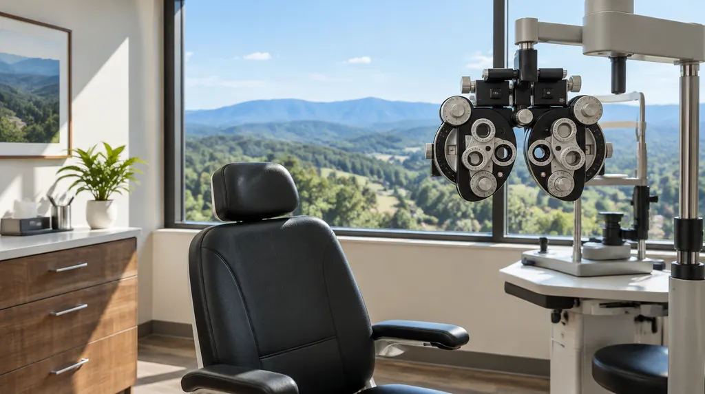 An optometry exam room with a phoropter in Taylors, SC