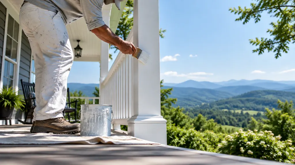A painter brushing white trim on a porch in Taylors, SC