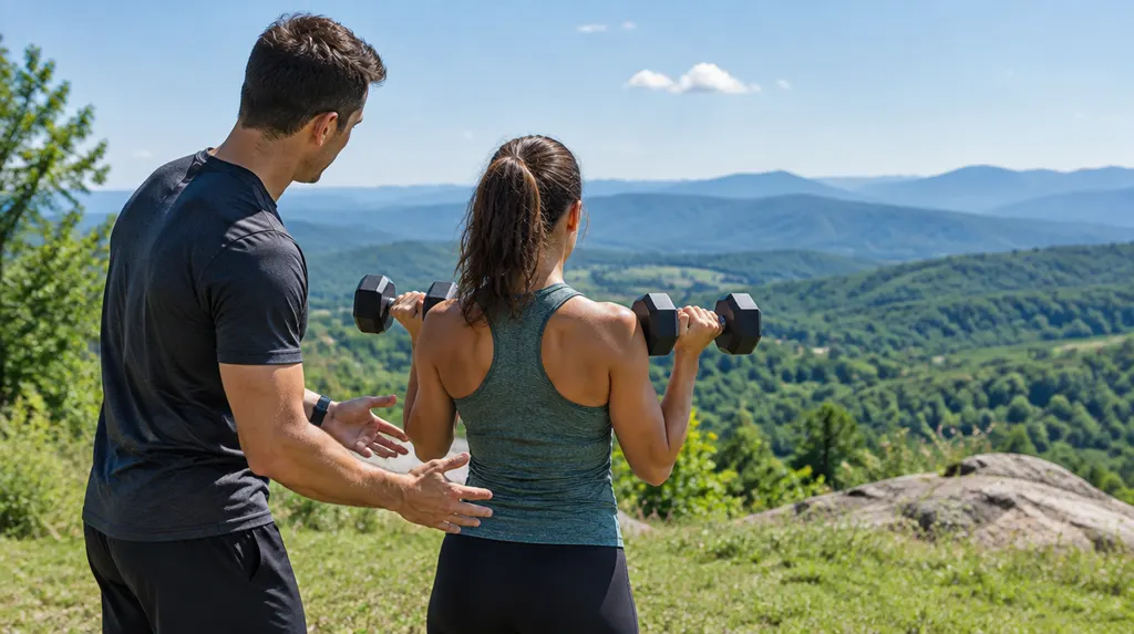 A personal trainer coaching a client with dumbbells in Taylors, SC